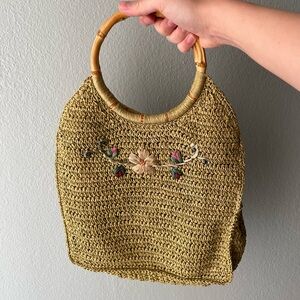 Scala Gal | Y2k Green Woven Twine Flowers Bamboo Handles Handbag Purse